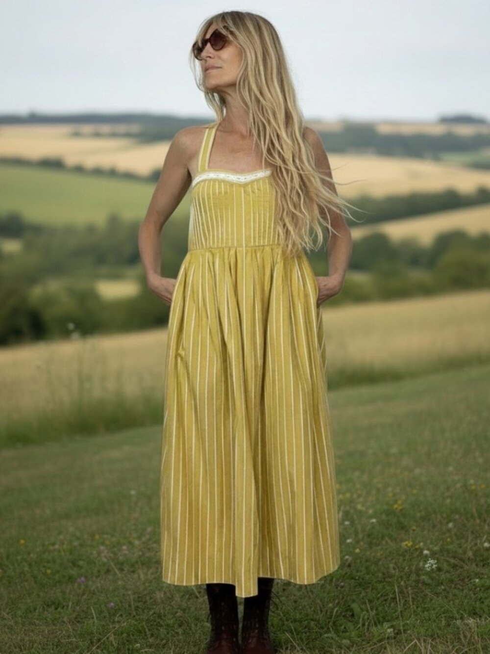 The Great. Laurel Dress 0 Sunburst Stripes Yellow Midi Cottagecore